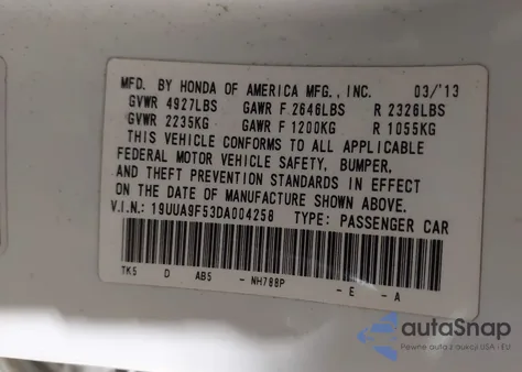 2013 Acura Tl 3.7 из США, поврежденный, VIN 19UUA9F53DA004258